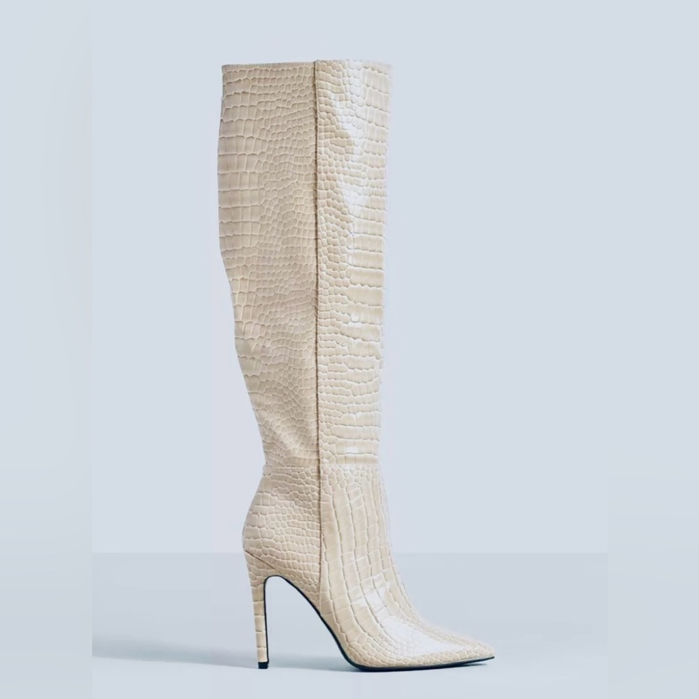Stiletto Heeled Boots Stone Croc. Faux Leather